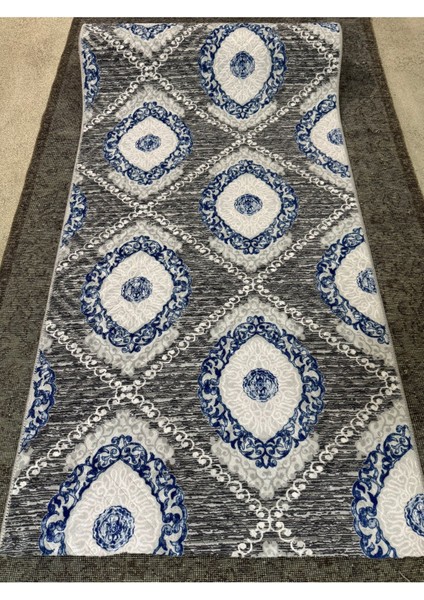 Kabartmalı Halı Dokusunda Jel Kaymaz Taban Yıkanabilir Kesme Yolluk Gri Mavi Modern Desen
