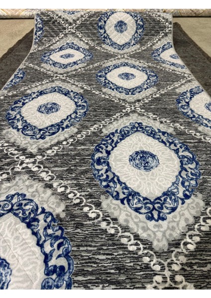 Kabartmalı Halı Dokusunda Jel Kaymaz Taban Yıkanabilir Kesme Yolluk Gri Mavi Modern Desen
