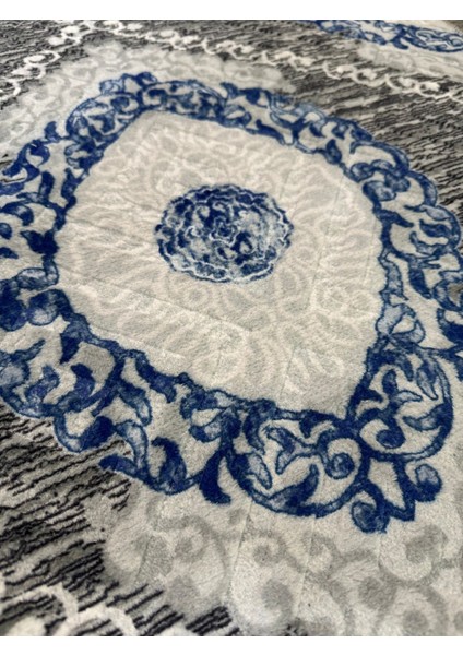Kabartmalı Halı Dokusunda Jel Kaymaz Taban Yıkanabilir Kesme Yolluk Gri Mavi Modern Desen
