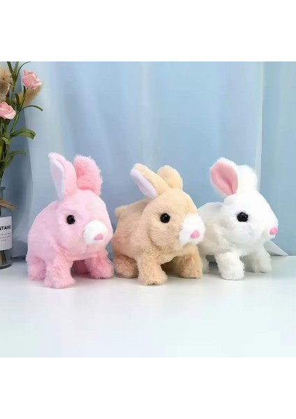Peluş Kulakları ve Ayakları Hareket Eden Sesli Oyuncak Hareketli Tavşan Pembe