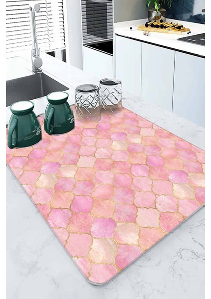 Pembe Fas Desen Microfiber Bulaşık Kurutma Matı MM003