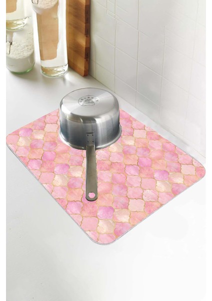 Pembe Fas Desen Microfiber Bulaşık Kurutma Matı MM003