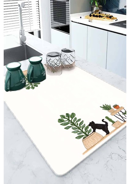 Beyaz Kedi Temalı Microfiber Bulaşık Kurutma Matı MM024