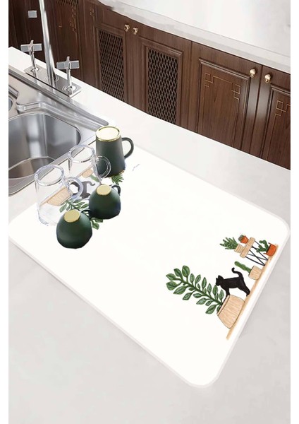 Beyaz Kedi Temalı Microfiber Bulaşık Kurutma Matı MM024 modelleri