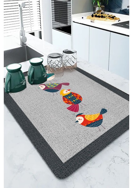 Gri Papağanlı Microfiber Bulaşık Kurutma Kurulama Matı MM022