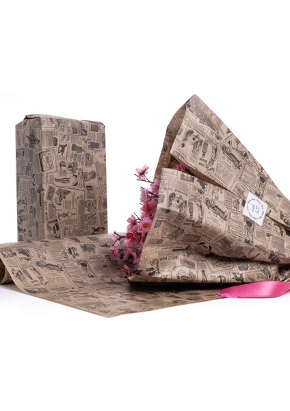 Paket Kağıdı, Vintage Gazete Desenli, Kraft-Siyah, 70X100 cm 100 Adet