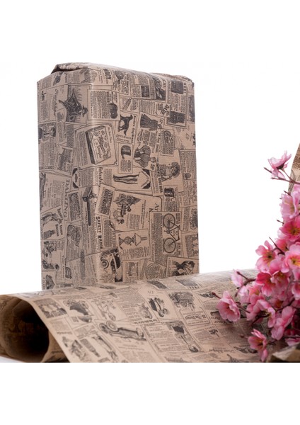 Paket Kağıdı, Vintage Gazete Desenli, Kraft-Siyah, 70X100 cm 100 Adet