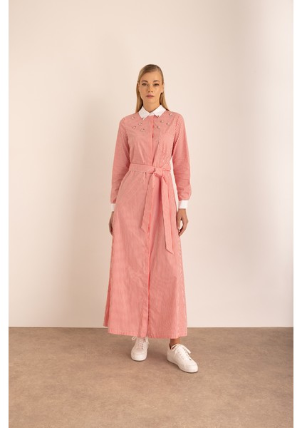 Çizgili Cotton Işleme Detaylı Elbise