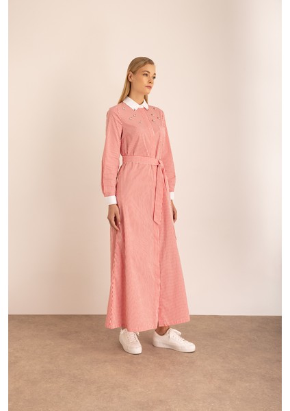 Çizgili Cotton Işleme Detaylı Elbise indirimleri