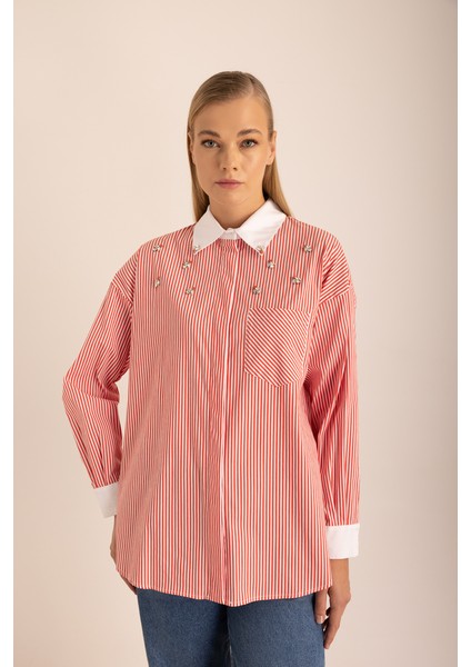 Çizgili Cotton Taş Işlemeli Gömlek