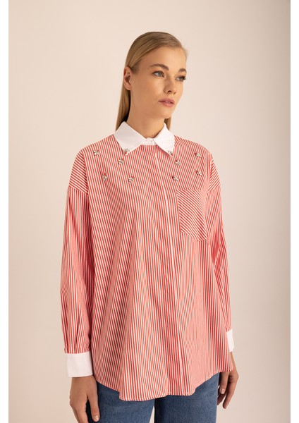 Çizgili Cotton Taş Işlemeli Gömlek fiyatları