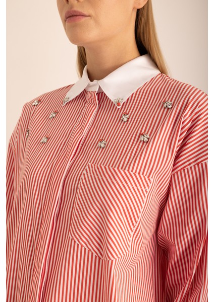 Çizgili Cotton Taş Işlemeli Gömlek modelleri