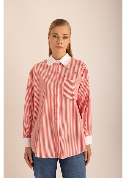 Çizgili Cotton Taş Işlemeli Gömlek fırsatları