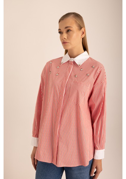 Çizgili Cotton Taş Işlemeli Gömlek indirimleri