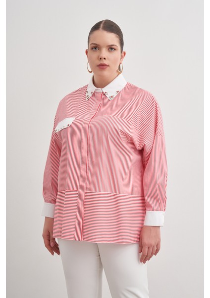 Çizgili Cotton Taş Işlemeli Gömlek