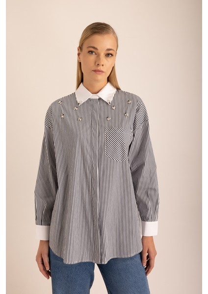 Çizgili Cotton Taş Işlemeli Gömlek