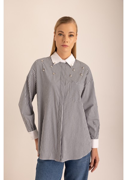 Çizgili Cotton Taş Işlemeli Gömlek fiyatları