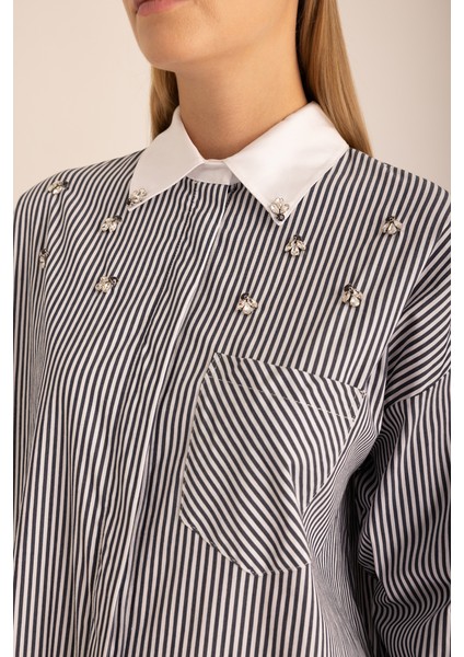 Çizgili Cotton Taş Işlemeli Gömlek modelleri