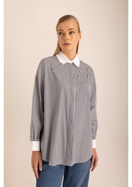 Çizgili Cotton Taş Işlemeli Gömlek fırsatları