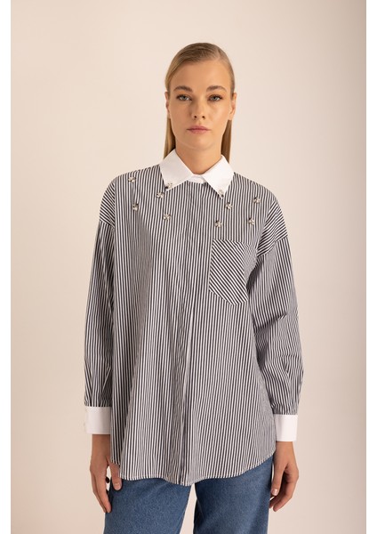 Çizgili Cotton Taş Işlemeli Gömlek indirimleri