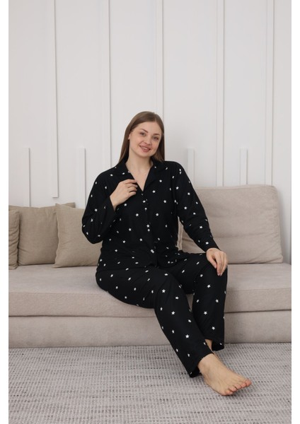 Gömlek Yaka Büyük Beden Kadın Süet Dokulu Kadın Alt Üst Pijama Takımı Yıldız