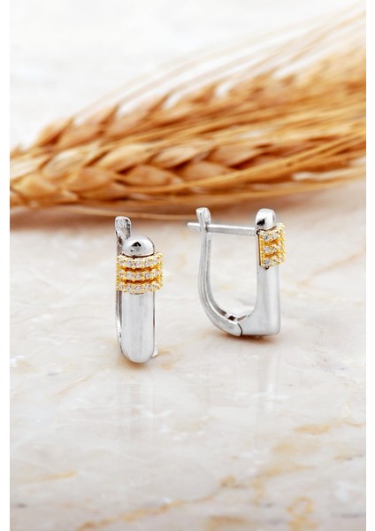 Dikdörtgen Taşlı Plaka Rodyumlu Gümüş Küpe 7172