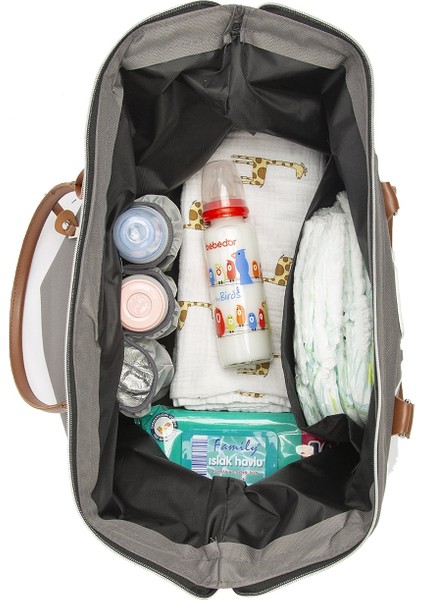 Gri Baby Bag Baskılı Garnili Anne Bebek Çantası