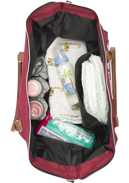 Bordo Baby Bag Baskılı Garnili Anne Bebek Çantası