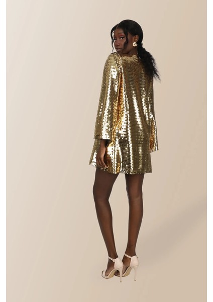 Payetli V Yaka Oversize Mini Elbise