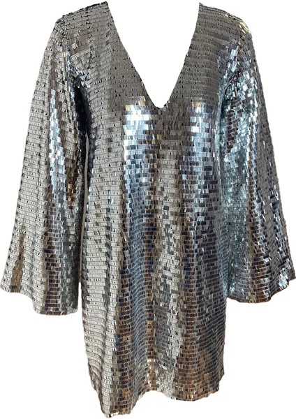 Payetli V Yaka Oversize Mini Elbise