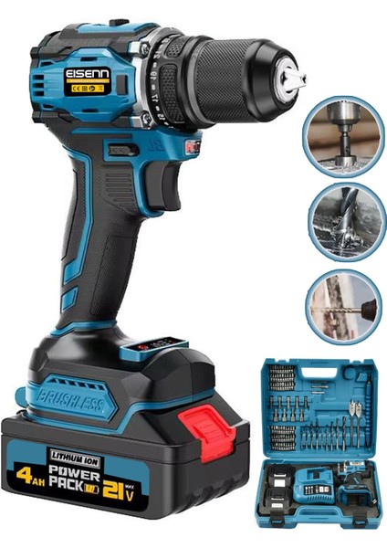 Alman ED-2100 Darbeli Kömürsüz Motor Samsung Pilli 2 Akülü Vidalama Matkap + 84 Parça Aksesuar Set