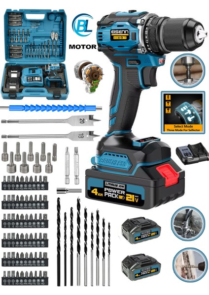 Alman ED-2100 Darbeli Kömürsüz Motor Samsung Pilli 2 Akülü Vidalama Matkap + 84 Parça Aksesuar Set fiyatları