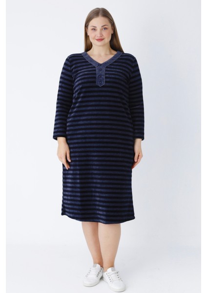 Lacivert Çizgi Desenli Düğmeli Cepli Kadife Büyük Beden Pamuklu Elbise fiyatları