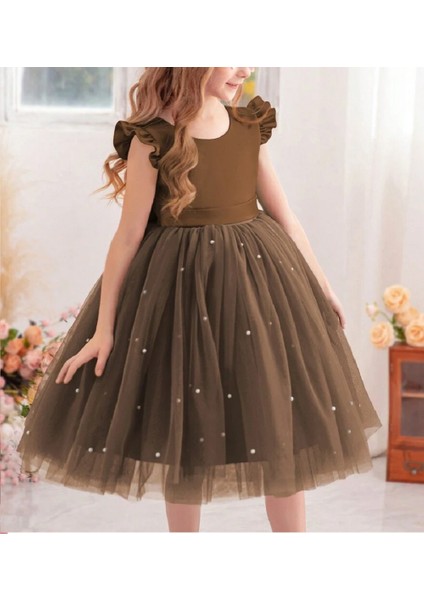 Kız Çocuk Kahve Rengi Incili Elbise Mezuniyet Doğum Günü Özel Gün Abiye Elbise