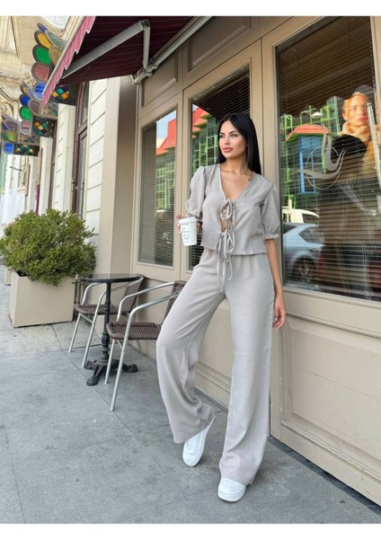 Bağcıklı Yelek ve Pantolon Şık Kadın Keten Takım