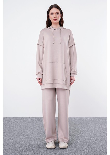 Comfort Kapüşonlu Bej Sweatshirt T-1472