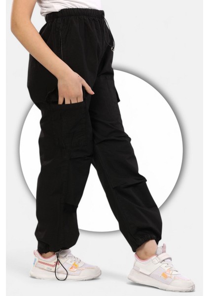 Paraşüt KUMAŞ-%100 Pamuk-Lastikli Stoperli- Kargo Cepli-Diz Katlama Detaylı-Kız Çocuk Pantolonu
