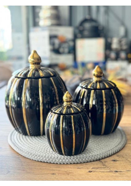 Pumpkin Vakum Kapaklı Kavanoz Seti 3'lü Siyah Gold