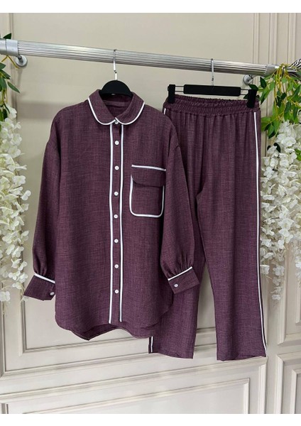 Tek Cepli Keten Ikili Takım - Alt Pantolon Üst Gömlek Kadın Ikili Takım