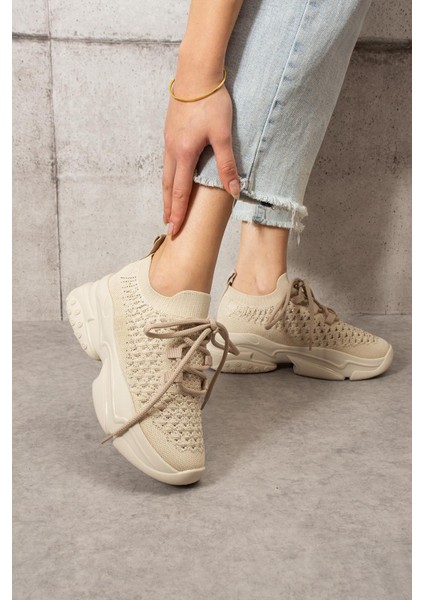 Lorda Kadın Sneakers Bağcıklı Triko Dokumalı Spor Ayakkabı Bej