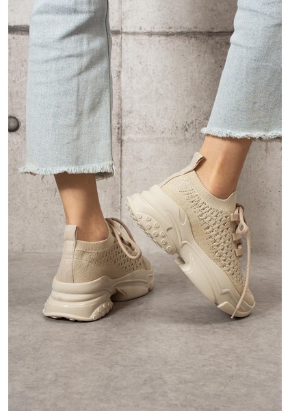 Lorda Kadın Sneakers Bağcıklı Triko Dokumalı Spor Ayakkabı Bej