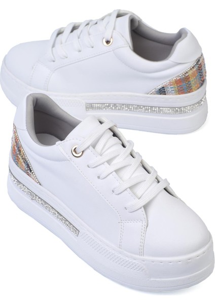 Olala Kadın Sneakers Bağcıklı Arka Desenli Spor Ayakkabı Beyaz Deri
