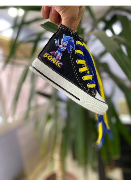 Sonic Baskılı Desenli Siyah Uzun Keten Çocuk Spor Ayakkabı Sneaker