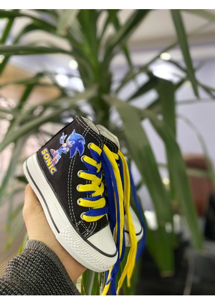 Sonic Baskılı Desenli Siyah Uzun Keten Çocuk Spor Ayakkabı Sneaker modelleri