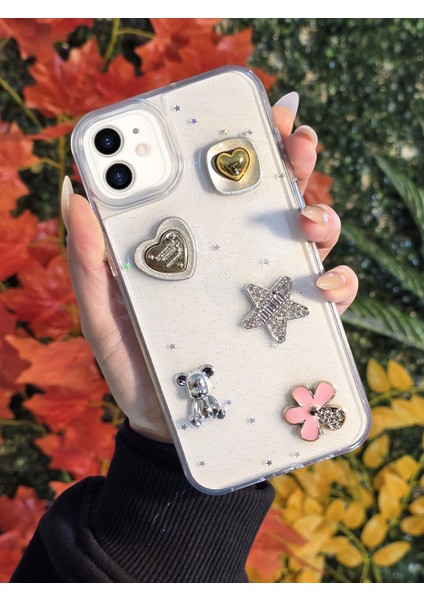 Apple iPhone 12 ve 12 Pro (2 Model) Uyumlu 3D Karakterli Taşlı ve Simli Çift Katman Koruyucu Kılıf