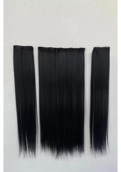 Siyah Düz Saç 3 Parça Çıtçıtlı Postiş Takma Saç 60 cm 135 gr Isıya Dayanıklı Yarımay ve Yanlar fiyatları