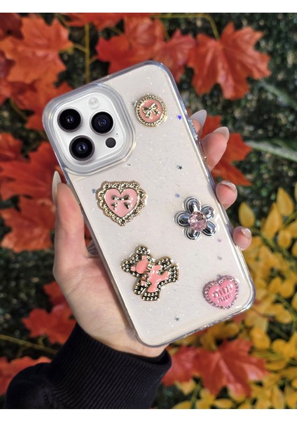 Apple iPhone 15 Pro Max Uyumlu 3D Karakterli Taşlı ve Simli Işlemeli Çift Katman Koruyucu Telefon Kılıfı