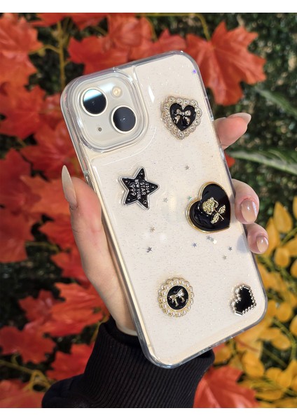 Apple iPhone 15 Plus ve 14 Plus Uyumlu 3D Karakterli Taşlı ve Simli Işlemeli Çift Katman Koruyucu Kılıf