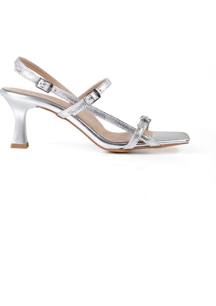 Minifilar Gümüş Lame Sandalet Kısa Topuklu Ince Bantlı Ayakkabı fırsatları