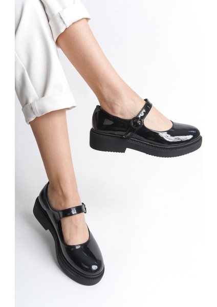 Maryba Siyah Rugan Bantlı Yuvarlak Burun Mary Jane Babet Günlük Ayakkabı